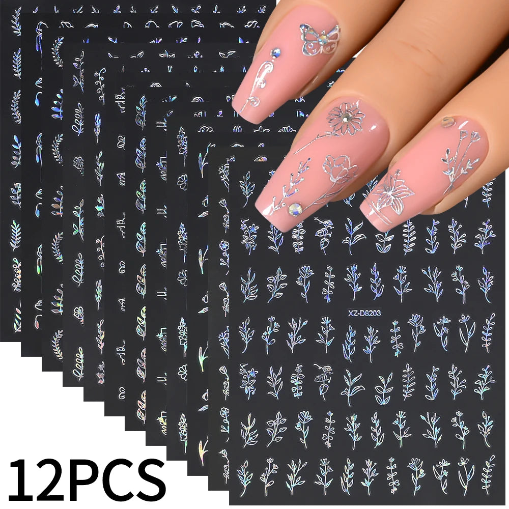 12Pcs 3D Gold Exquisite Flower Leaf Nail Art Stickers Metallic Floral Leaves Self-Adhesive Nail Decals DIY Retro Manicure Decor