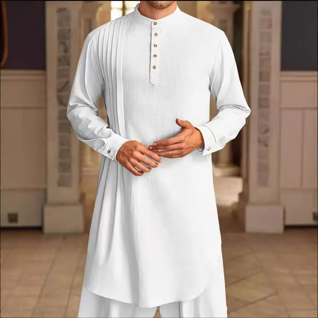 Men's Muslim Dress Long-sleeved Clothing 100% Cotton Pullover Kaftan Robe Men Jubba Thobe Pakistan Saudi Arab Caftan Islamic Top