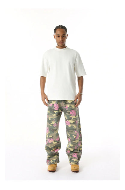 2025 Four Seasons Men's Youth Popular Multi color Pattern Camouflage Pants Basic Versatile Straight Wash Casual Cowboy Pants
