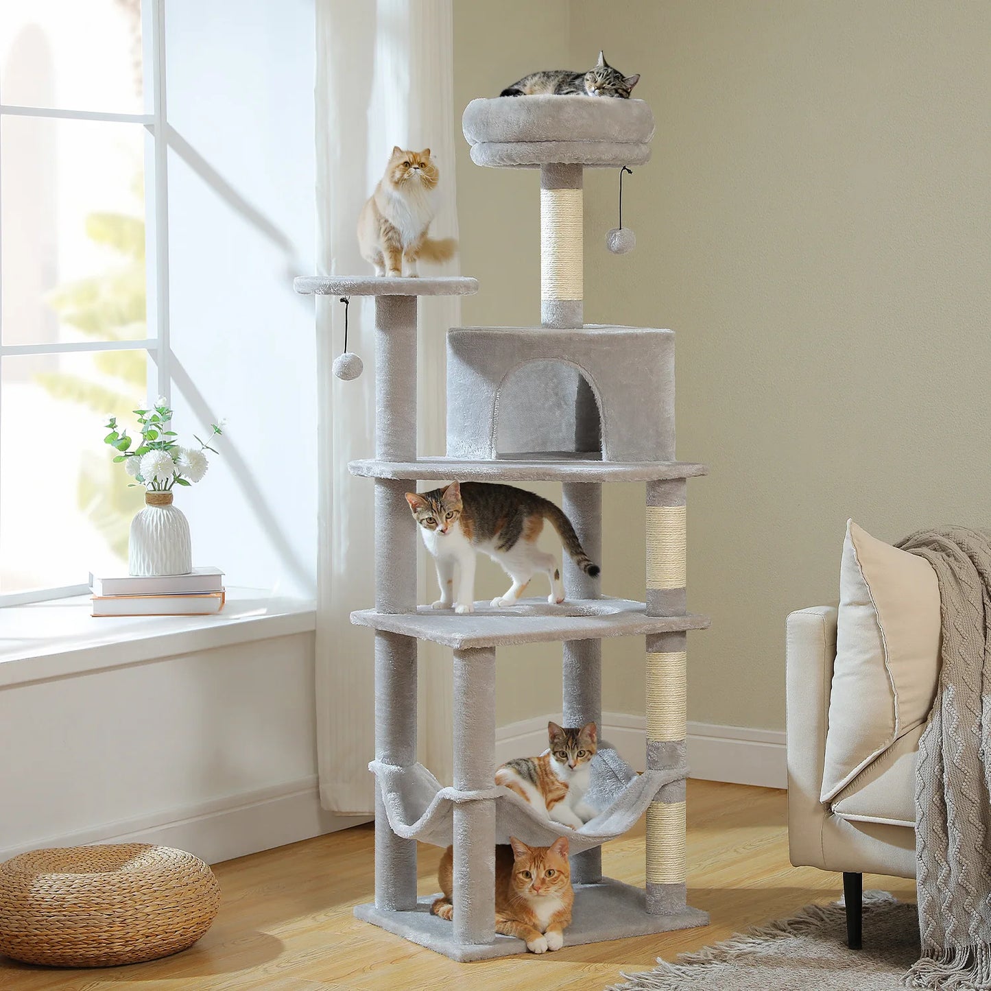 Multi-Level Cat Tree for Indoor Cats Large Cat Tower with Cozy Condo Hammock Sisal Scratching Posts Cat Scratchers Bed Cat Toys