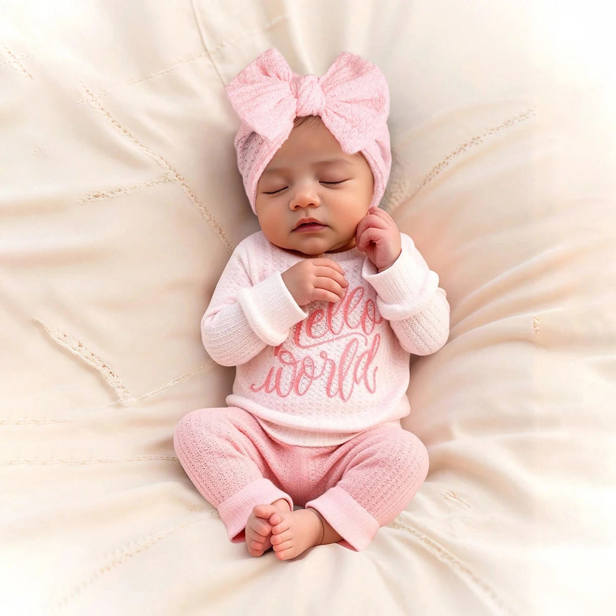 "Hello" Embroidery Newborn Photography Props Infant Romper Jumpsuit with Bow Hat Baby Coming Home Outfit Baby Photo Gift-HD