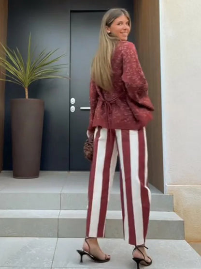 Casual Striped Women's Jeans Mid-rise Single Button Pockets Lady Curved-leg Pants 2026 Spring Summer Fashion Female Trousers