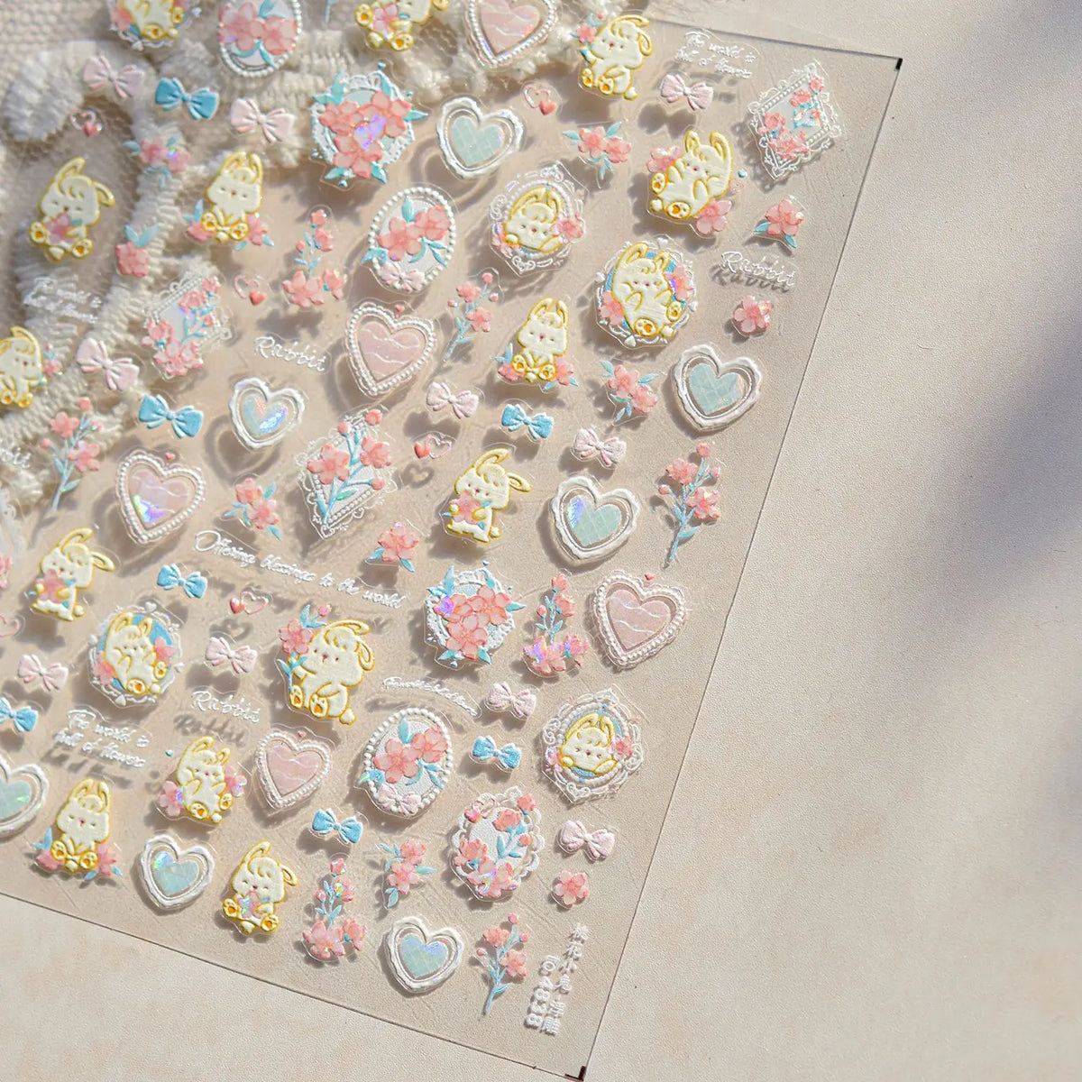 5D Cute Rabbit Love Heart Peach Blossom Flower Yellow Nail Art Stickers Bowknot DIY Self Adhesive Rhinestone Manicure Decals