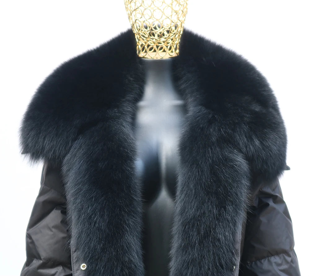 2024 Winter Women Warm Coat Oversized Real Fox Fur Collar Thick Luxury Outerwear New Fashion 90% Goose Down Jacket