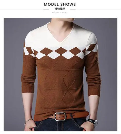 Autumn Winter New Men V-neck Pullover Sweaters Plaid Casual Korean Clothing Tees Fashion Slim Long Sleeve Bottoming Knitted Tops