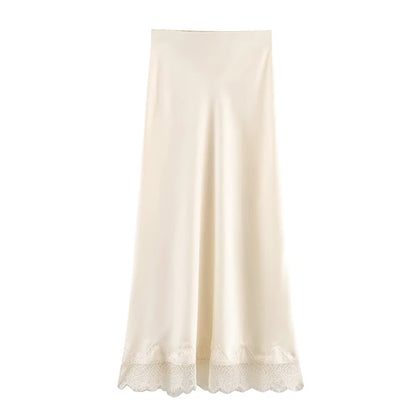 Willshela Women Fashion Solid Lace Side Hem Pleated A-Line Midi Skirt Vintage High Elastic Waist Female Chic Lady Skirts