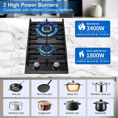 TopStrong 2 Burners 30cm Kitchen Built in Tempered Glass NG/LPG Dual Fuel Gas Hob UKGCT-B02
