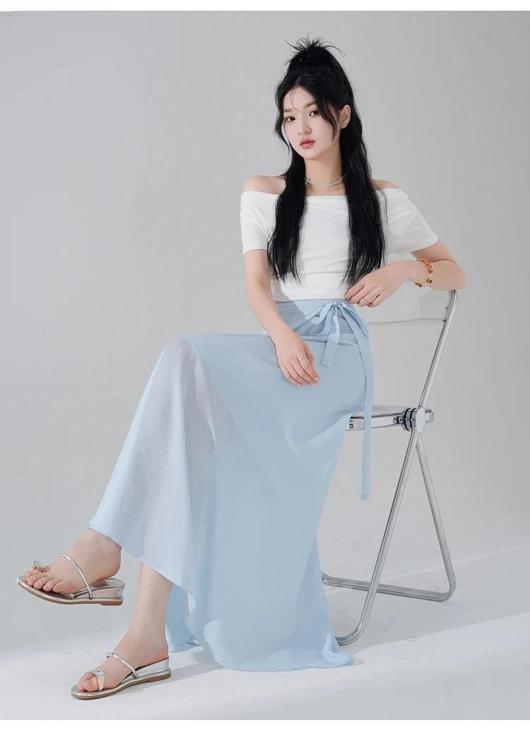 Chic Korea Clothes Summer Women Cute Sweet GIrls Solid Robe Holiday Date High Waist Retro Vintage Wrap One-Piece Lace-Up Skirts