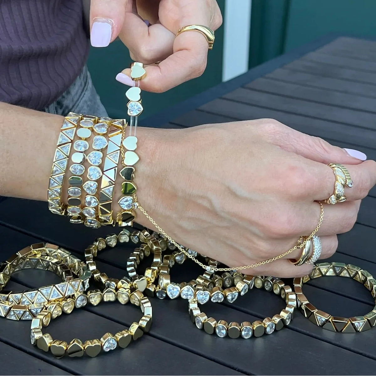 Gold Color Geometric Oval Stretchy Stretch Beaded Tennis Chain Bracelet For Women Fashion Adjusted Jewelry