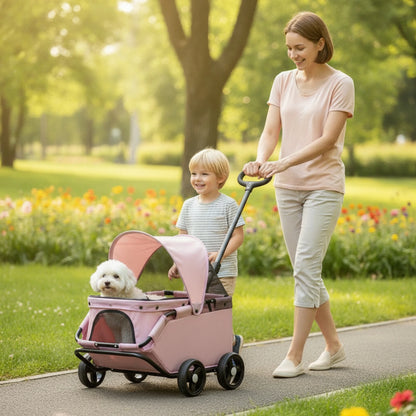 Four-Wheel Pet Stroller Compact Dog Stroller with Canopy Easy-to-Maneuver Roomy for Dogs, Outdoor Walks, Travel