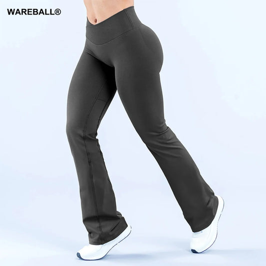 WAREBALL Women Gym Wide-leg Trousers Fitness Sport Pants V Waist Squat Proof Energy Athletic Active Pilates Flared Pants