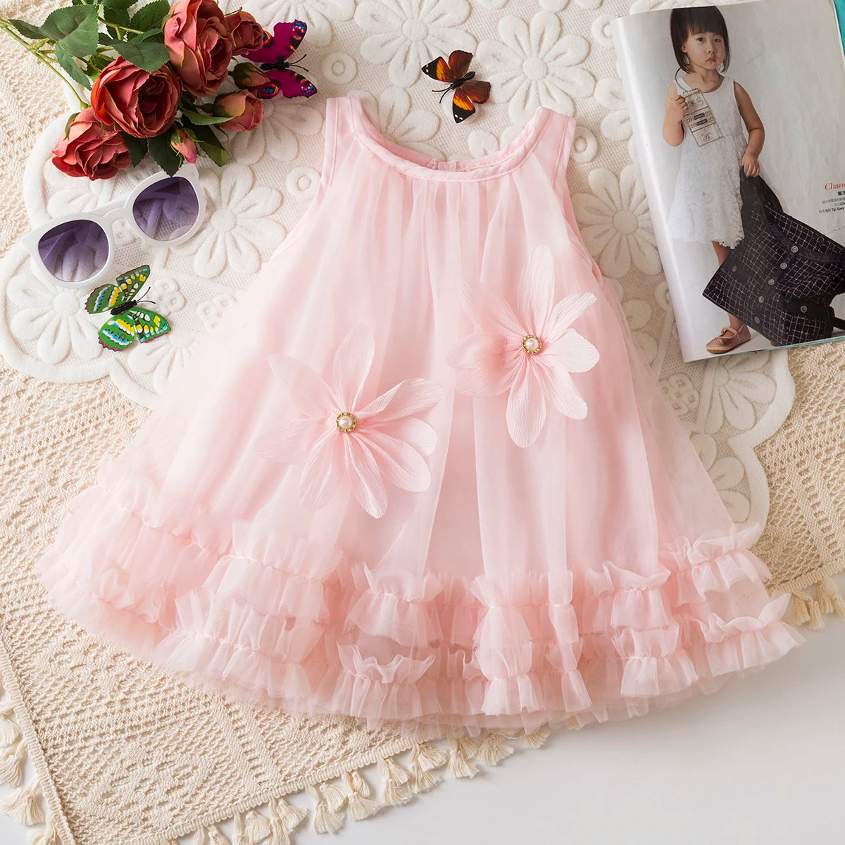 Baby Girl Princess Dress Summer New Solid Color Floral Chiffon Children'S Clothing For Birthday Parties (9 Months -3 Years Old)