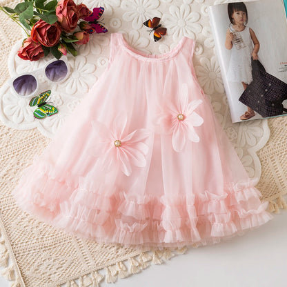 Baby Girl Princess Dress Summer New Solid Color Floral Chiffon Children'S Clothing For Birthday Parties (9 Months -3 Years Old)