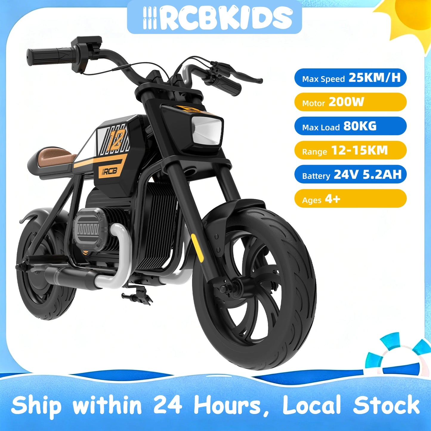 RCB KIDS Kids Electric Motorcycle R9, 200W 24V Rechargeable Ride On Toy, 3 Speed Adjustable, Bluetooth Music LED Light, Max Load 80kg, Outdoor Racing Toy for Children 6+