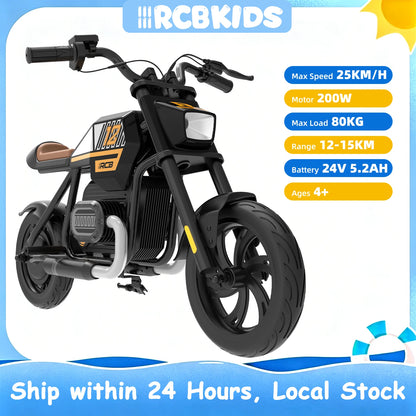 RCB KIDS Kids Electric Motorcycle R9, 200W 24V Rechargeable Ride On Toy, 3 Speed Adjustable, Bluetooth Music LED Light, Max Load 80kg, Outdoor Racing Toy for Children 6+