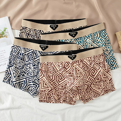 4-piece Set Of Men's Seasonal Fashionable Printed Underwear Comfortable Elastic Waist Flat Angle Pants Plus Size Casual Shorts