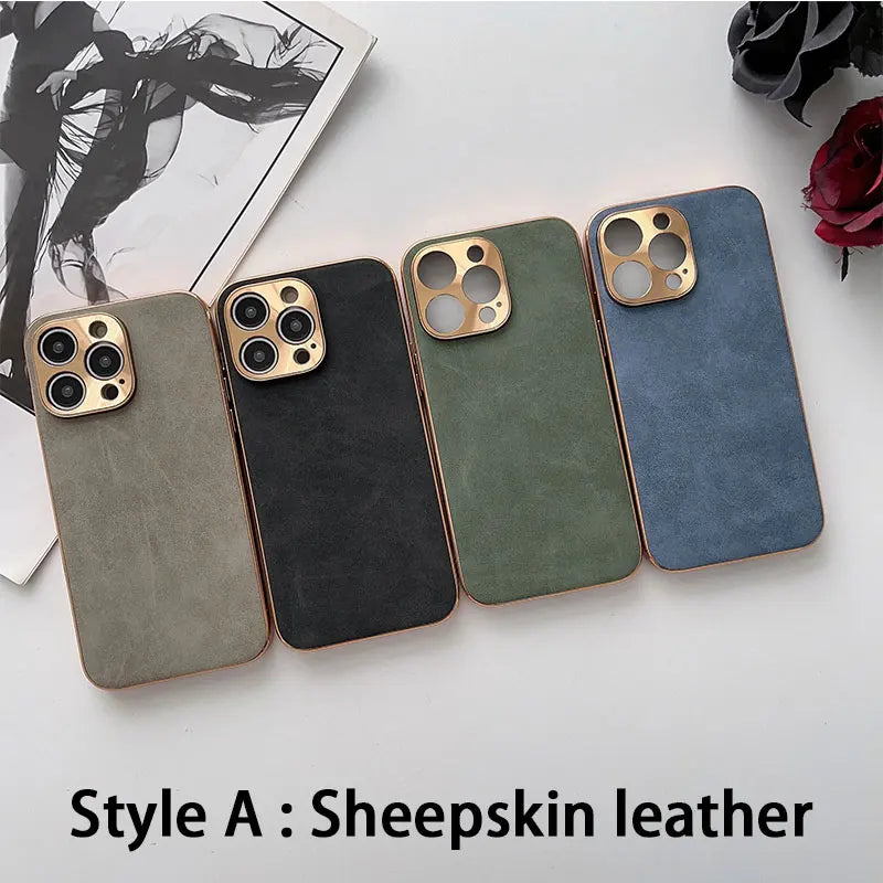 Leather Phone Case For Iphone 13 11 12 14 15 16 17 ProMax Plus Electroplated Frame Lambskin Phone Shell For IPHON 15 16 17Promax