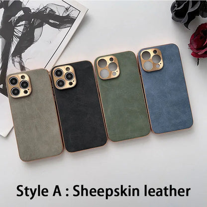 Leather Phone Case For Iphone 13 11 12 14 15 16 17 ProMax Plus Electroplated Frame Lambskin Phone Shell For IPHON 15 16 17Promax