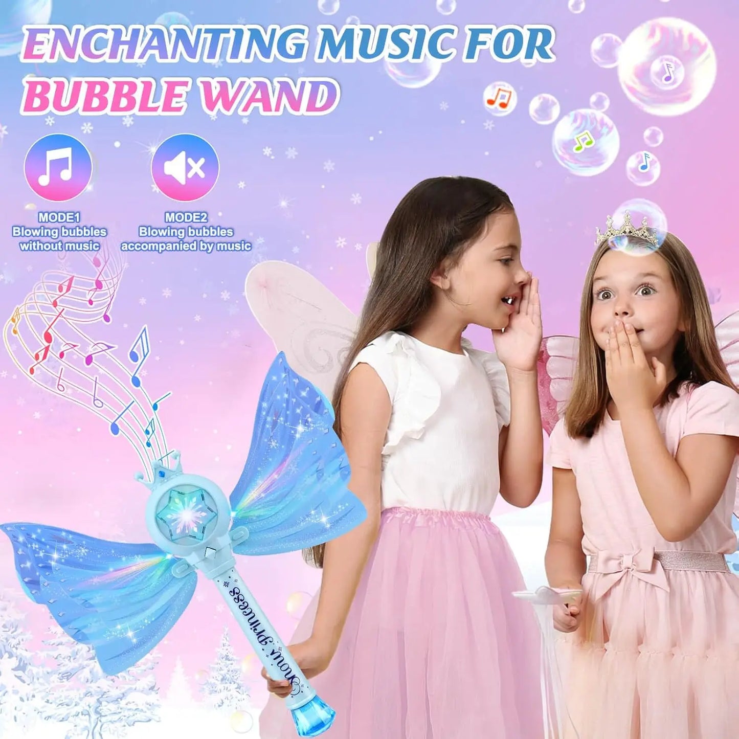 Children's Bubble Machine, Glowing Princess Bubble Stick, with Music and Detachable Wings, Outdoor Indoor Garden Party Toy