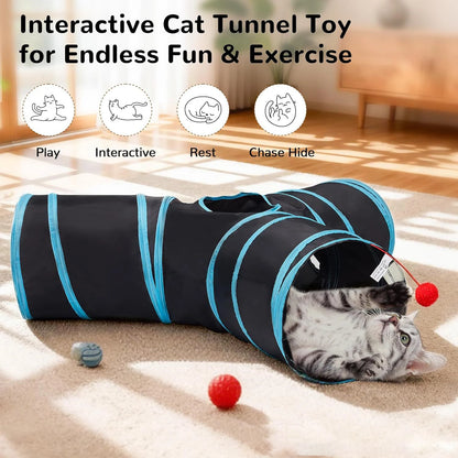 Cat Tunnel Toy 3-Way Foldable Pet Playhouse Crinkle Paper Bell Durable Oxford Cloth Animal Tunnel Kittens/Rabbits/Guinea Pigs