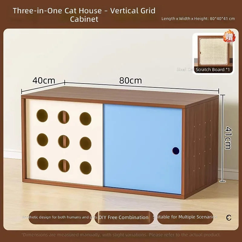 Triple-Function Cat House with Litter Box & Storage,Human-Pet Shared Furniture,Cat Tree Hut, Indoor Cat Den,Multi-Level Cat Fort