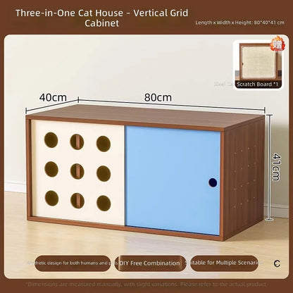 Triple-Function Cat House with Litter Box & Storage,Human-Pet Shared Furniture,Cat Tree Hut, Indoor Cat Den,Multi-Level Cat Fort