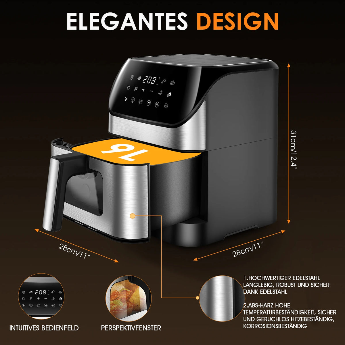 Visible Air Fryer 9L Large Airfryer, 10 Preset Functions, Roast, Bake, Dehydrate, Reheat , Quiet, Non-Stick