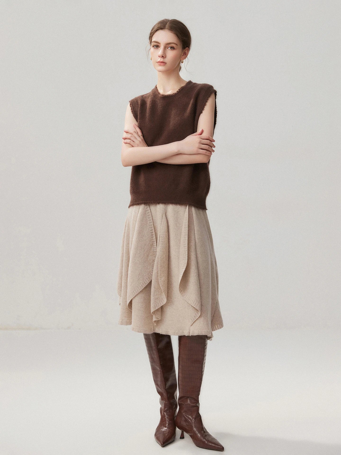 French 100% Pure Cashmere Skirt Ruffle Irregular A-line Soild Midi Sirt Autumn Winter Women Elegant Pleated  Knit Dress Fashion
