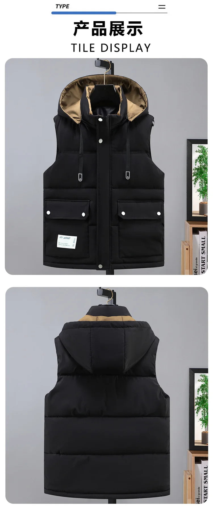 2024 Autumn Winter Men Thicken Cotton Waistcoat Sleeveless Vests Jackets Warm Detachable Hat Outerwear Male Zipper Hooded Coats
