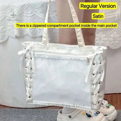 Japanese Sweet Women Ribbon Ita Bag Cute Lolita Girl Transparent Handbags Fashion Large Capacity Tote Bag Aesthetic Shoulder Bag