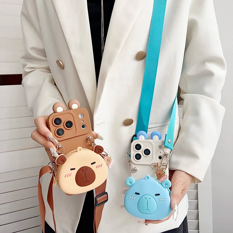 For iPhone 17 16 15 14 13 12 11 XR Xs 6 6s 7 8 SE Pro Max mini Plus e Capybara head Wallet Case With Accessories