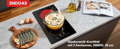 2-Zone Ceramic Hob, 3000W with Child Lock, 9 Heat Levels, 1-99min Timer, Black (CE Certified)