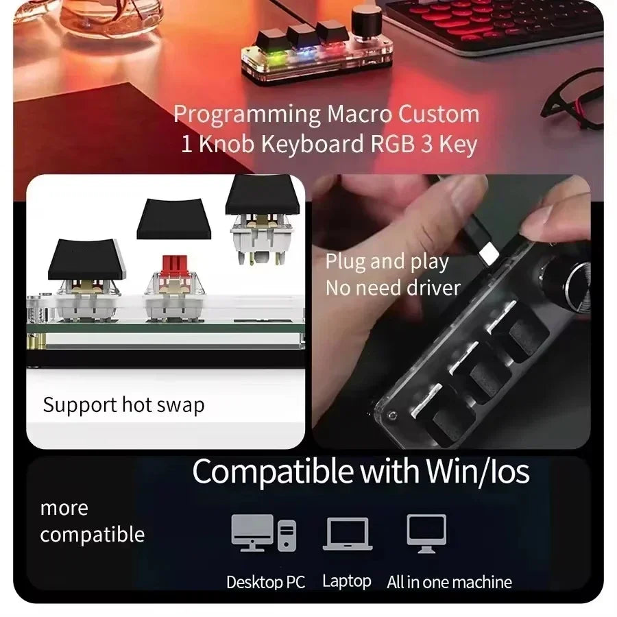 RGB 3 Key Customize Wired Mini Keyboard Macro Knob Copy Paste Shortcut Key E-sports Game Mechanical Hot Swap Mini Keyboard