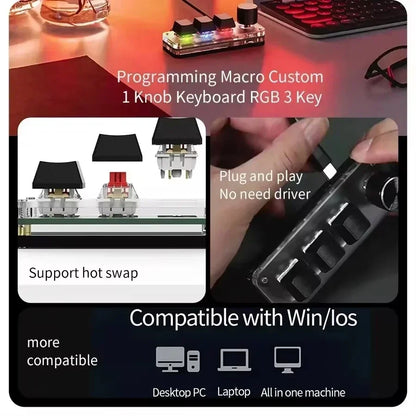 RGB 3 Key Customize Wired Mini Keyboard Macro Knob Copy Paste Shortcut Key E-sports Game Mechanical Hot Swap Mini Keyboard