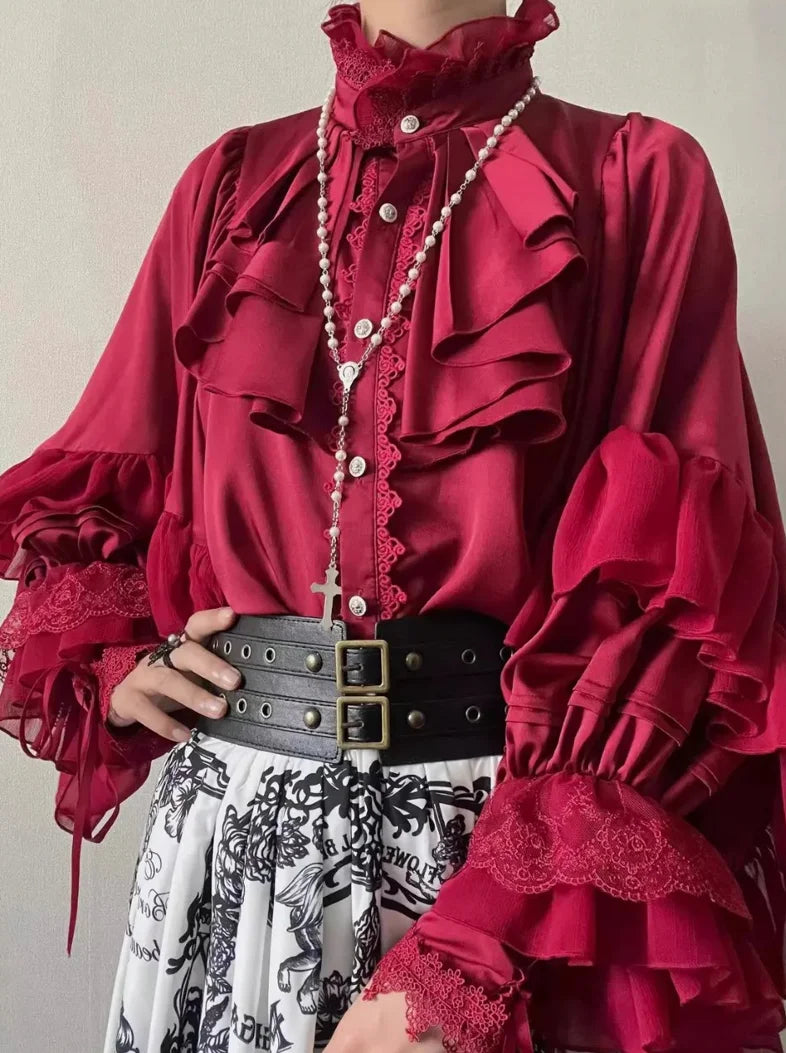 Japanese Kawaii Cute Lolita Blouse Women Vintage Lantern Sleeve Shirt Summer Y2k Aesthetic Lace Patchwork Top JK Loose Blusas