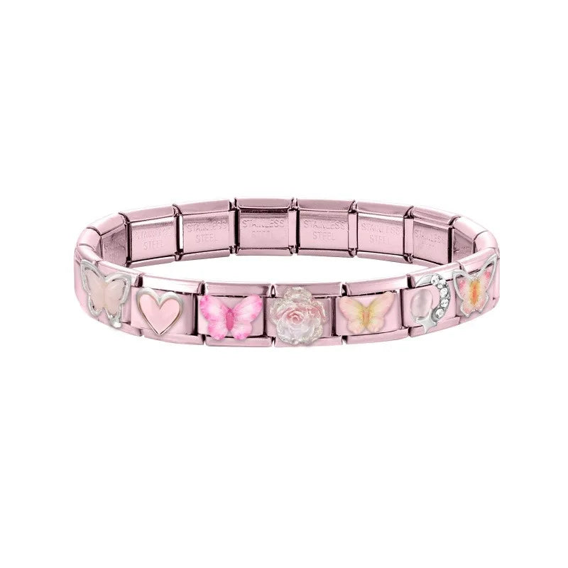 2025 New Women Romantic Pink Cherry Heart Shiny CZ Italian Charm Links Fit 9mm Bracelet Stainless Steel DIY Making Jewelry Gifts