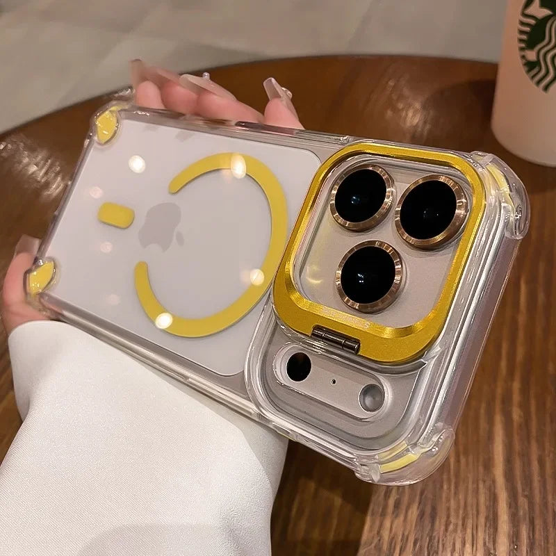 Luxury Transparent Airbag Case For iPhone 17 16 15 14 12 13 Pro Max Plus Air for Magsafe Transparent Camera Stand Holder Cover