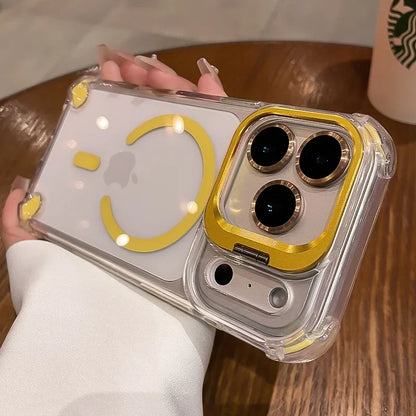 Luxury Transparent Airbag Case For iPhone 17 16 15 14 12 13 Pro Max Plus Air for Magsafe Transparent Camera Stand Holder Cover