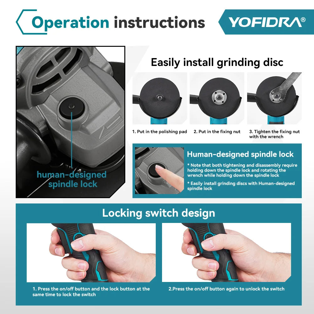YOFIDRA 125mm Brushless Electric Angle Grinder 20000RPM Wood Metal Cutting Grinding Polishing Power Tool For Makita Battery Pin