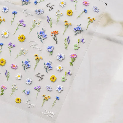 1Sheet 5D Soft Embossed Relief Nail Stickers Cute Daisies Self Adhesive Slider Stickers Press On Nails DIY Japanese Nail Art Dec