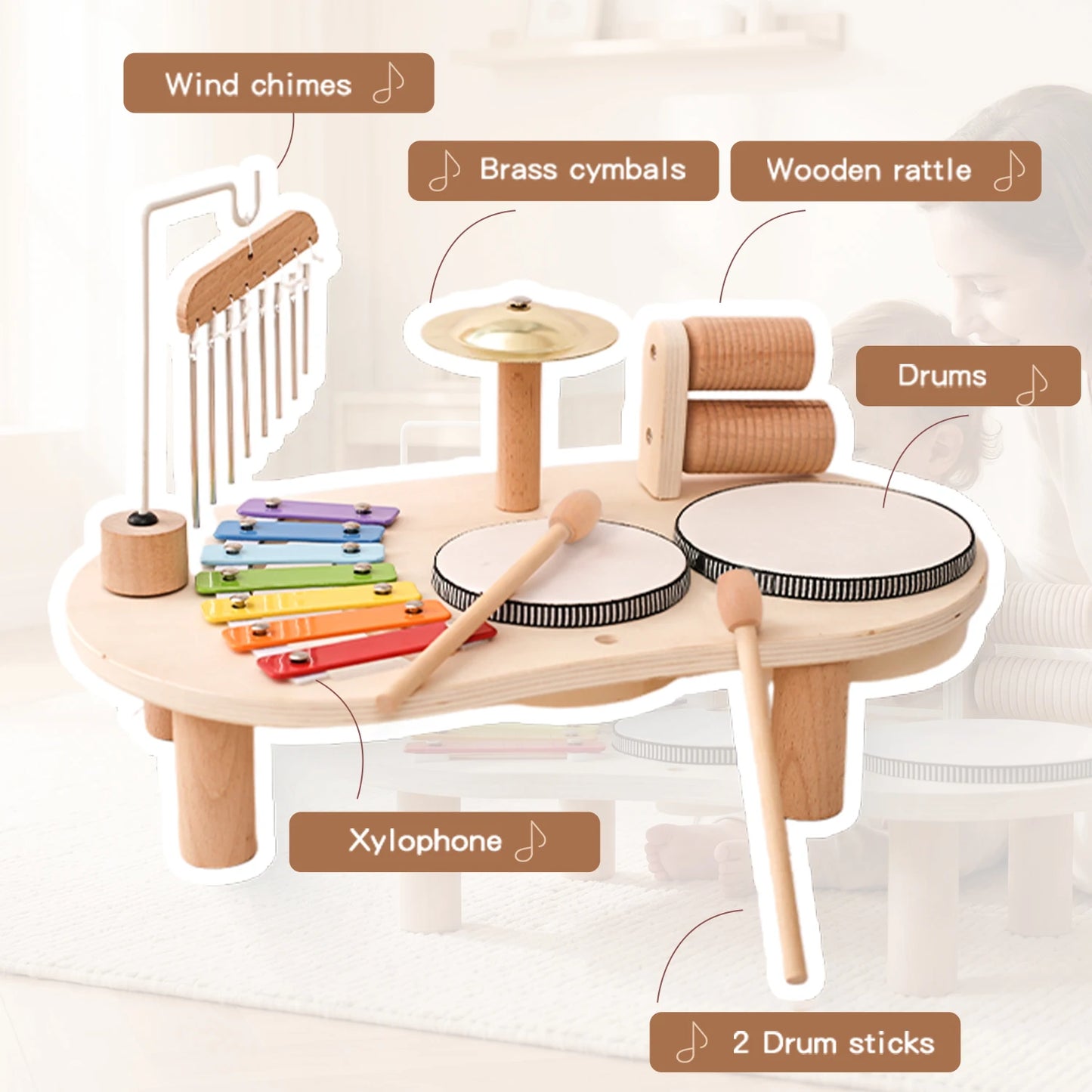 7 in 1 Wooden Toddler Musical Instrument Table Montessori Baby Percussion Toy Xylophone Drum Set Sensory Early Learning Play Gift for Kids 1‑4Y