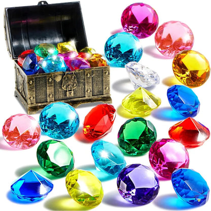 Sloosh Diving Gems Pool Toys16 Big Colorful Diamond with Pirate Treasure Chest Swim Dive Diving Underwater Toy Gift Toys
