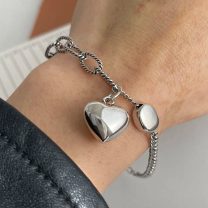 100% Solid 925 Sterling Silver Retro Bracelet for Women Men Vintage Handmade Heart Bracelet Birthday Gift