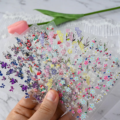 5D Pink Blue Floral Nail Art Stickers Petals Leaf Plant Embossed Nail Decals Spring Summer Flower Design for DIY Nail Supplies