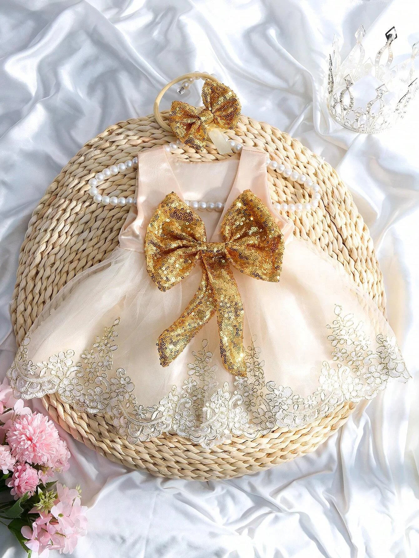 2pcs Newborn Photography Clothing Set Baby Girls' Princess Embroidered Mesh Dress Bowknot Lace Princess Skirt For Photo Shoot