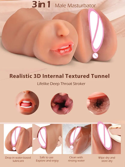 3D Flesh The Light Male Masturbation Artificial Vagina Ass Mouth Silicone 3 In 1 Adult Sex Toy Sex Doll For Man Pocket Pussy Ass
