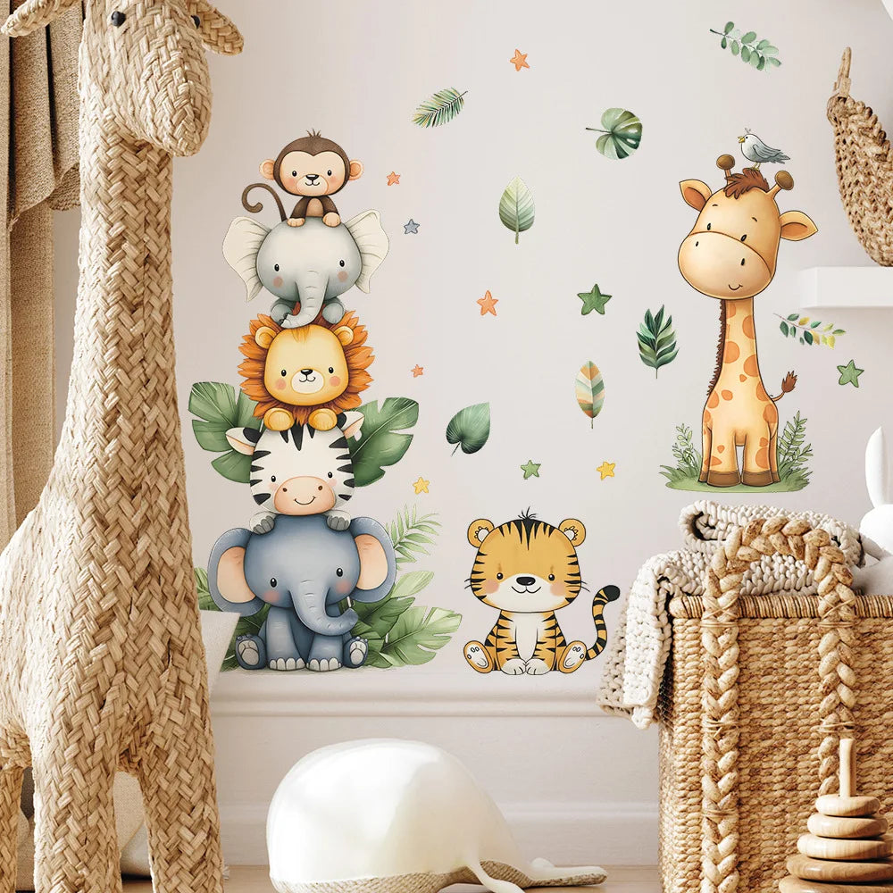 Cute Forest Animals Wall Stickers for Kids Rooms Children Boys Girls Baby Room Decoration Nursery Wallpaper Vinyl Elephant Lion
