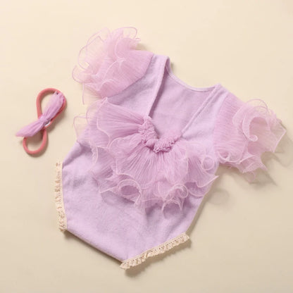 Ylsteed 2 Pieces Set Beige Newborn Photography Costume Lace Romper Bow Headband Set Baby Girl Photo Shooting Outfits