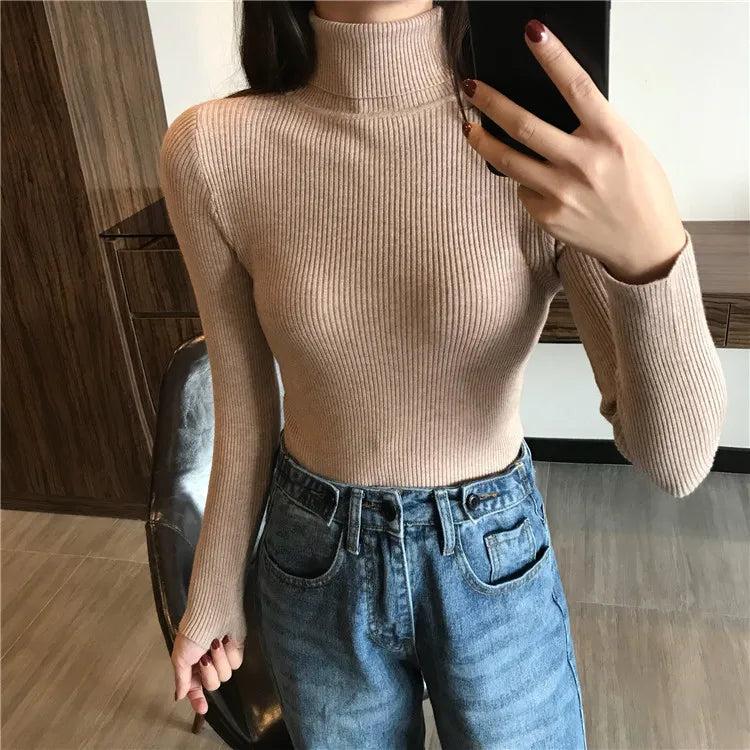 2026 Autumn Winter Sweater Women Knitted Ribbed Pullover Sweater Long Sleeve Turtleneck Slim Jumper Soft Warm Pull Femme