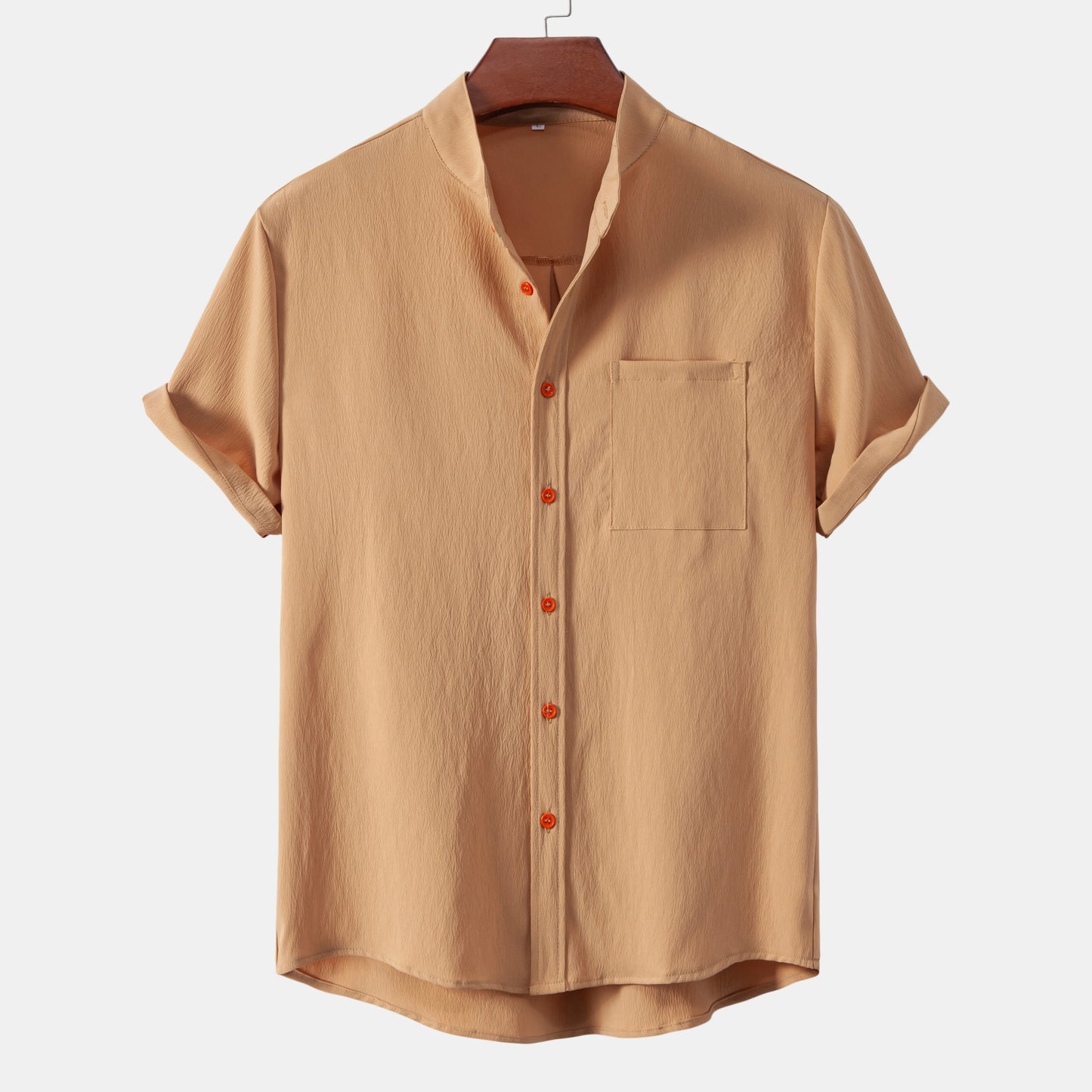2026New men's short sleeved solid color standing collar cardigan casual shirt for foreign trade